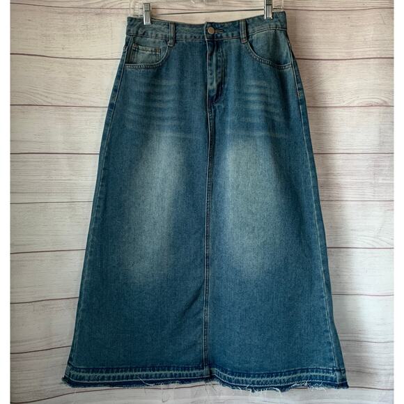 DAZY Denim Jean Midi Skirt Medium Wash A-Line Raw Hem Size XL - Picture 1 of 14